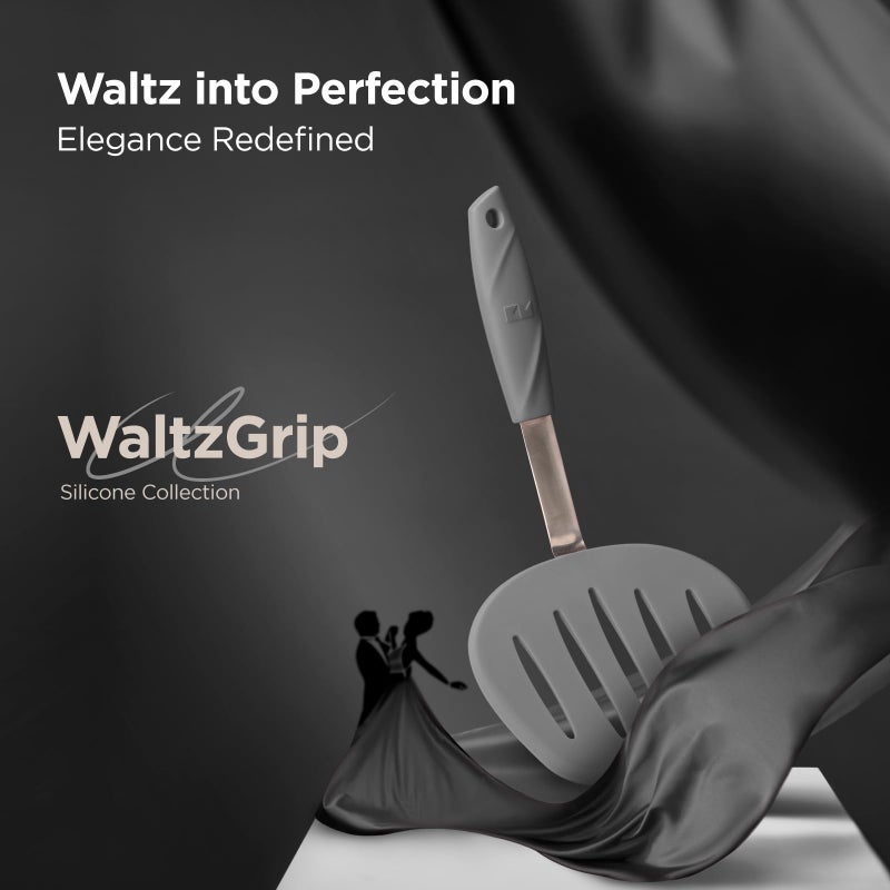 Kitchen Mama WaltzGrip Platinum Silicone Pancake Spatula Turner: Heat-Resistant  Slotted Tapered Head  Stainless Steel Core  Durable  Dishwasher-Safe  Ideal for Flipping and Wok Use (Metal Gray) - Image 2