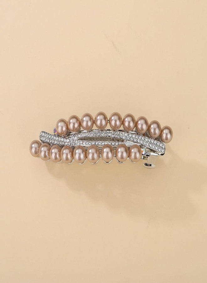 Xerling Pearl French Barrettes Hair Clip Automatic Hair Accessories Hair Spring Clips Rhinestone Hair Piece for Women (Champagne) - Image 2