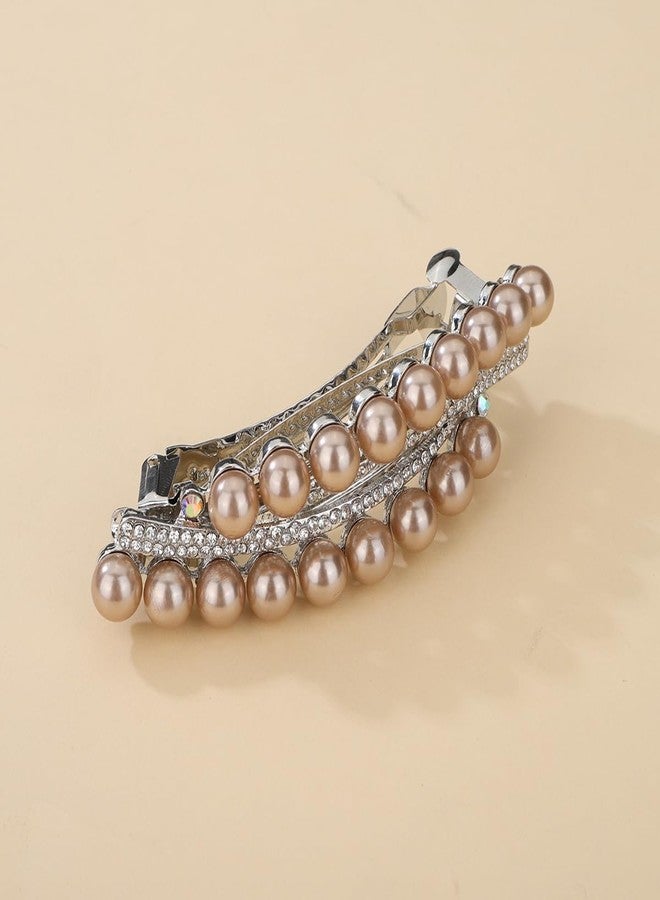 Xerling Pearl French Barrettes Hair Clip Automatic Hair Accessories Hair Spring Clips Rhinestone Hair Piece for Women (Champagne) - Image 3