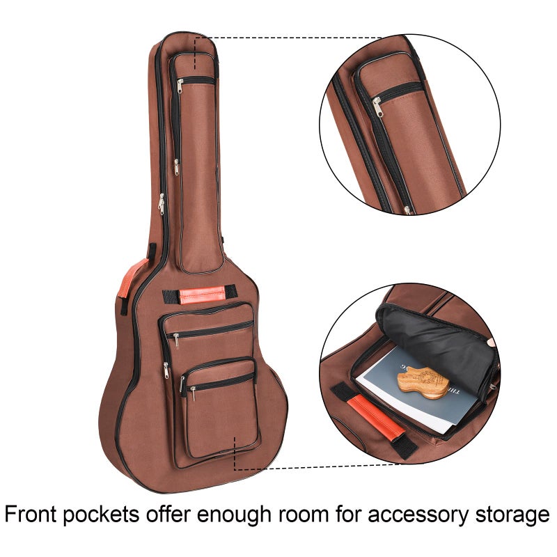 Bekith Acoustic Guitar Bag 40 41 42 Inches, 6 Pockets Guitar Case Waterproof Oxford Cloth Thick Sponge Pad, Dual Adjustable Shoulder Strap Soft Guitar Case Gig Bag, Brown - Image 4