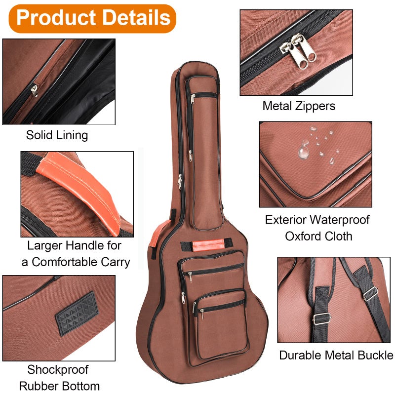 Bekith Acoustic Guitar Bag 40 41 42 Inches, 6 Pockets Guitar Case Waterproof Oxford Cloth Thick Sponge Pad, Dual Adjustable Shoulder Strap Soft Guitar Case Gig Bag, Brown - Image 3