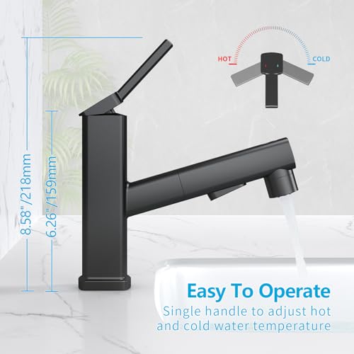MIAOHUI Pull Out Single Hole Bathroom Faucet, 3 Spray Mode Single Handle Bathroom Faucets for Sink 1 Hole, Bathroom Sink Faucet with Pull Down Sprayer, Vanity Faucet with Fountain Mode, Matte Black - Image 4