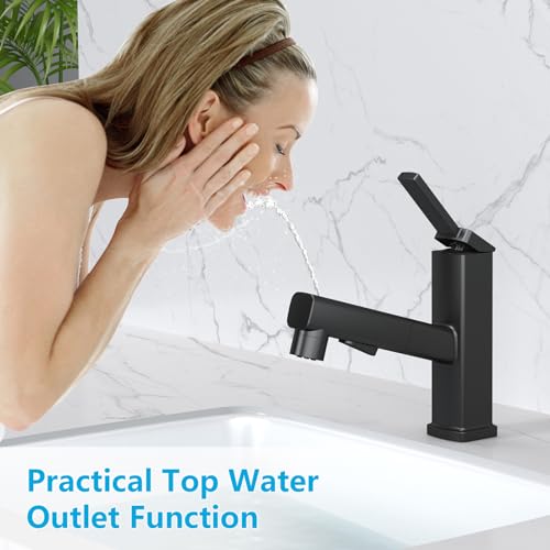 MIAOHUI Pull Out Single Hole Bathroom Faucet, 3 Spray Mode Single Handle Bathroom Faucets for Sink 1 Hole, Bathroom Sink Faucet with Pull Down Sprayer, Vanity Faucet with Fountain Mode, Matte Black - Image 2