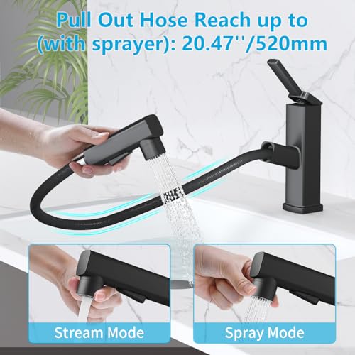 MIAOHUI Pull Out Single Hole Bathroom Faucet, 3 Spray Mode Single Handle Bathroom Faucets for Sink 1 Hole, Bathroom Sink Faucet with Pull Down Sprayer, Vanity Faucet with Fountain Mode, Matte Black - Image 3