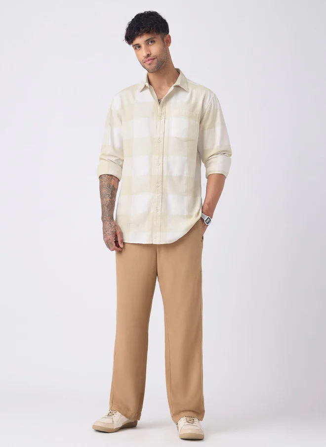 The Souled Store  The Souled Store Men Regular Fit Cotton Linen Checked Beige Shirt  | Best Price UAE