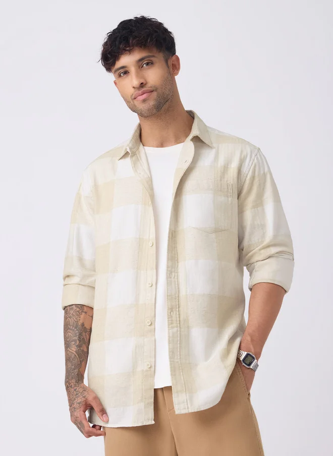 The Souled Store Men Regular Fit Cotton Linen Checked Beige Shirt