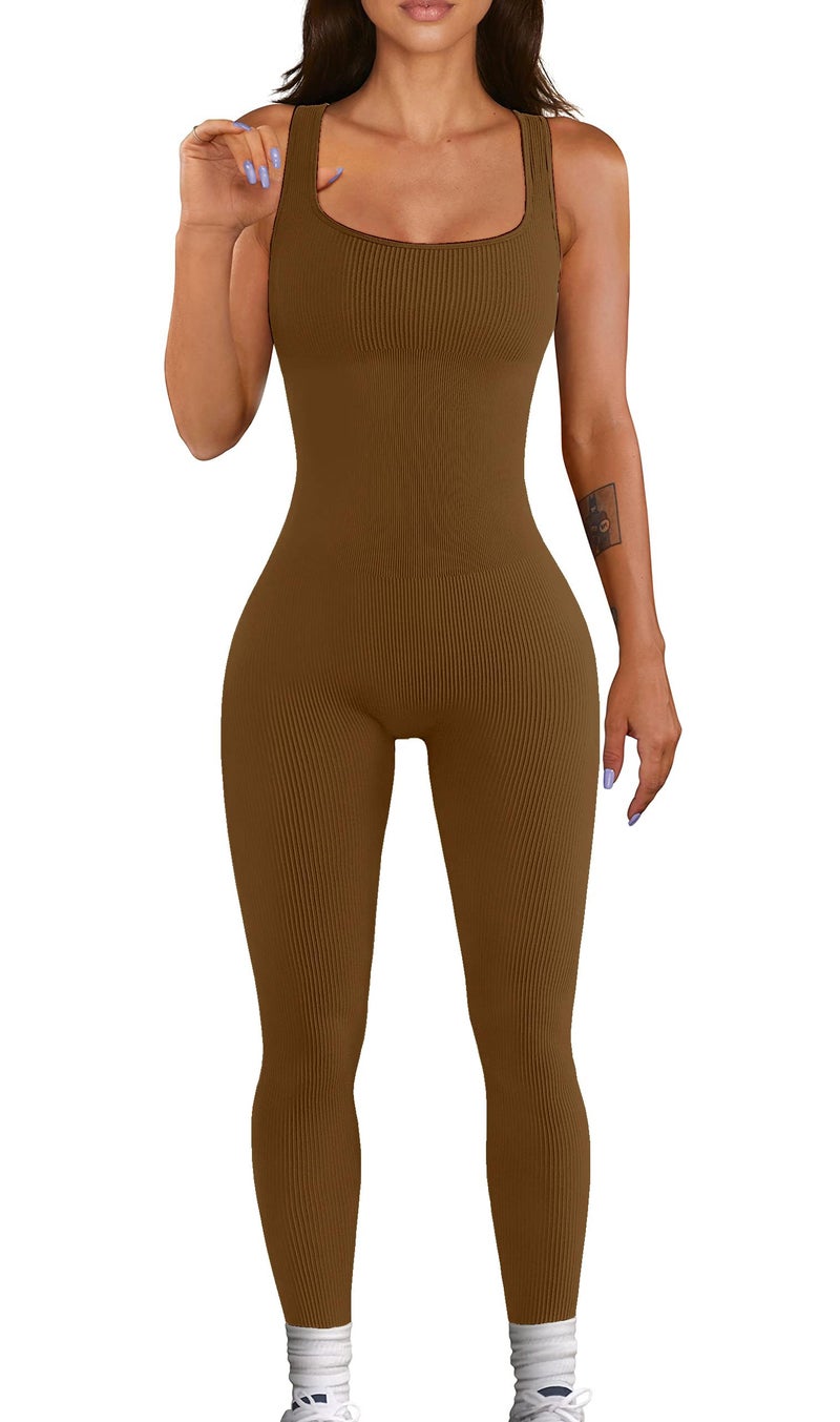 YIOIOIO Women Workout Seamless Jumpsuit Yoga Ribbed Bodycon One Piece Square Neck Leggings Romper - Image 1