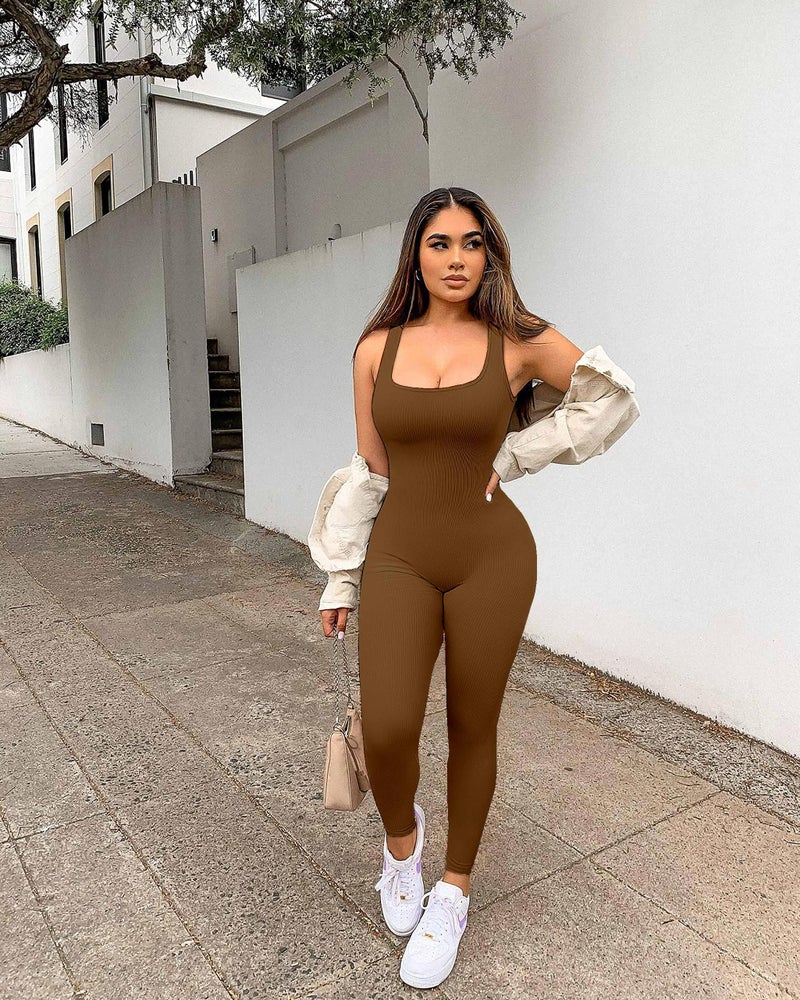 YIOIOIO Women Workout Seamless Jumpsuit Yoga Ribbed Bodycon One Piece Square Neck Leggings Romper - Image 2