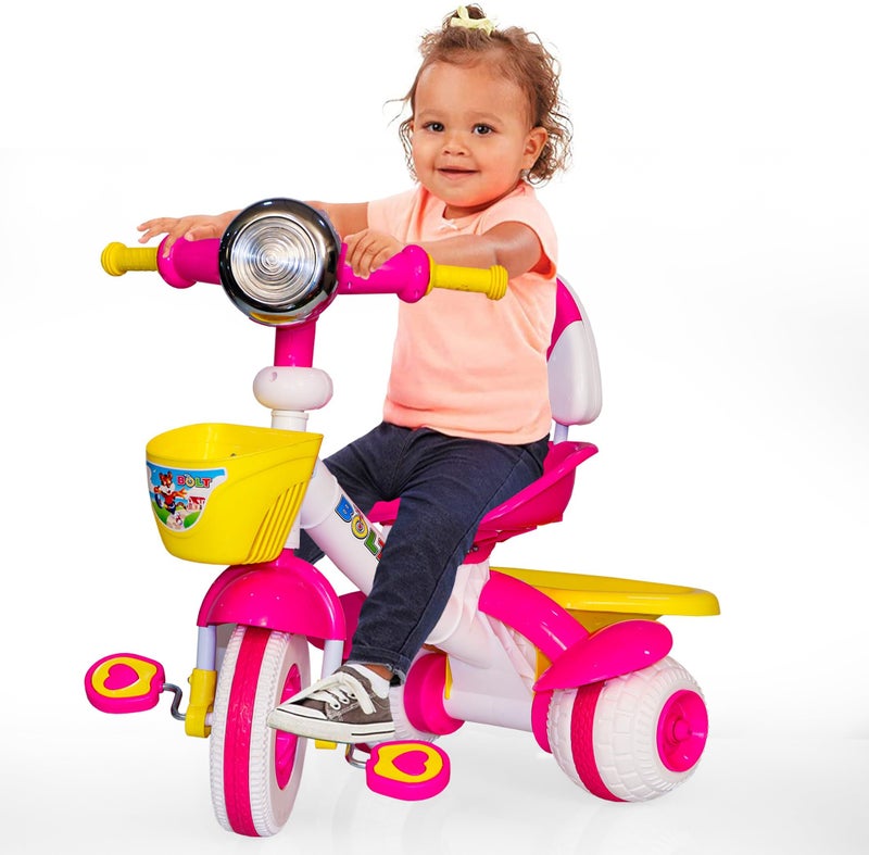 LACOSSI Tricycle Kids Play Trike 1-5 Ys - Sipper, Seat Belt, for Indoor and Outdoor - Trike for Boys and Girls Tricycle with Canopy | Safety Guard Rail and Parental Control (Bolt Pink) - Image 1