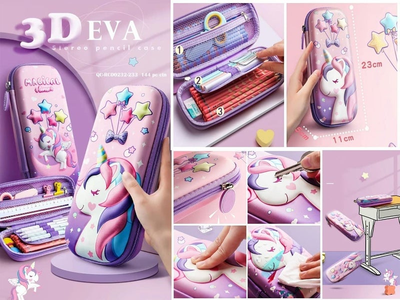 FAMOUS QUALITY Ethylene Vinyl Acetate (Eva) 3D Stylish Unicorn Cover Pencil Compass With Compartments School Supply Organizer For Student, Stationery Box, Cosmetic Zip Pouch Bag - (Multicolor) - Image 4