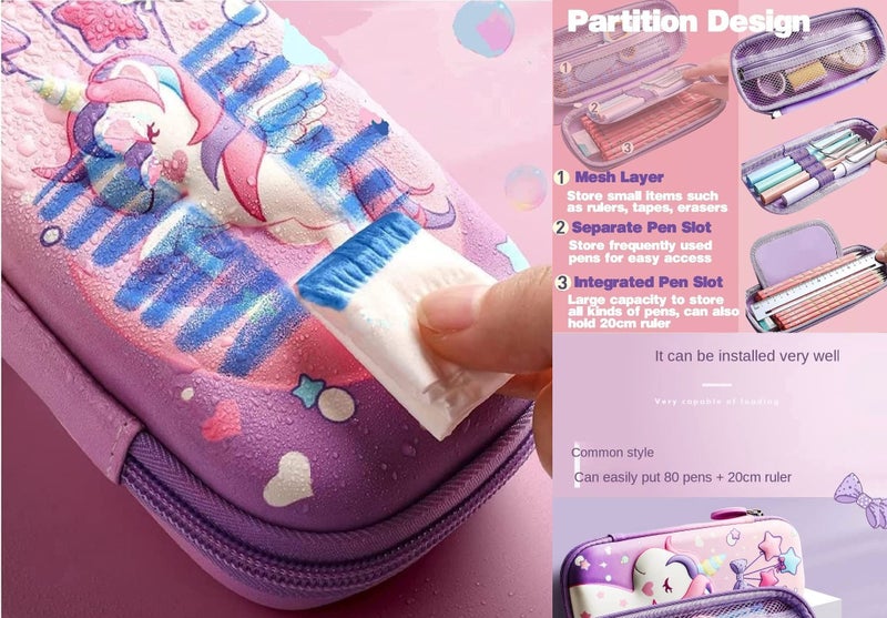FAMOUS QUALITY Ethylene Vinyl Acetate (Eva) 3D Stylish Unicorn Cover Pencil Compass With Compartments School Supply Organizer For Student, Stationery Box, Cosmetic Zip Pouch Bag - (Multicolor) - Image 3