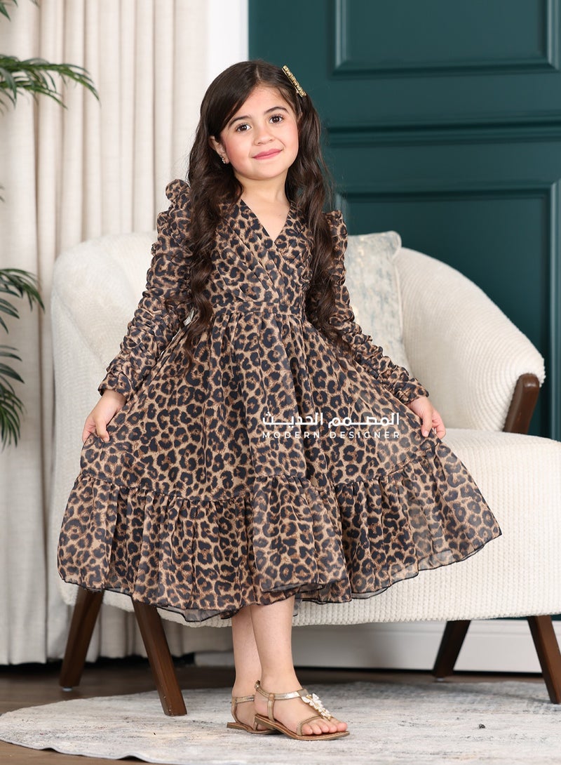 Modern Design A luxurious tiger dress for girls with long sleeves with a modern design, with a layer underneath the dress to highlight your femininity in a wonderful way. It is a great option to highlight your femi  - Image 1