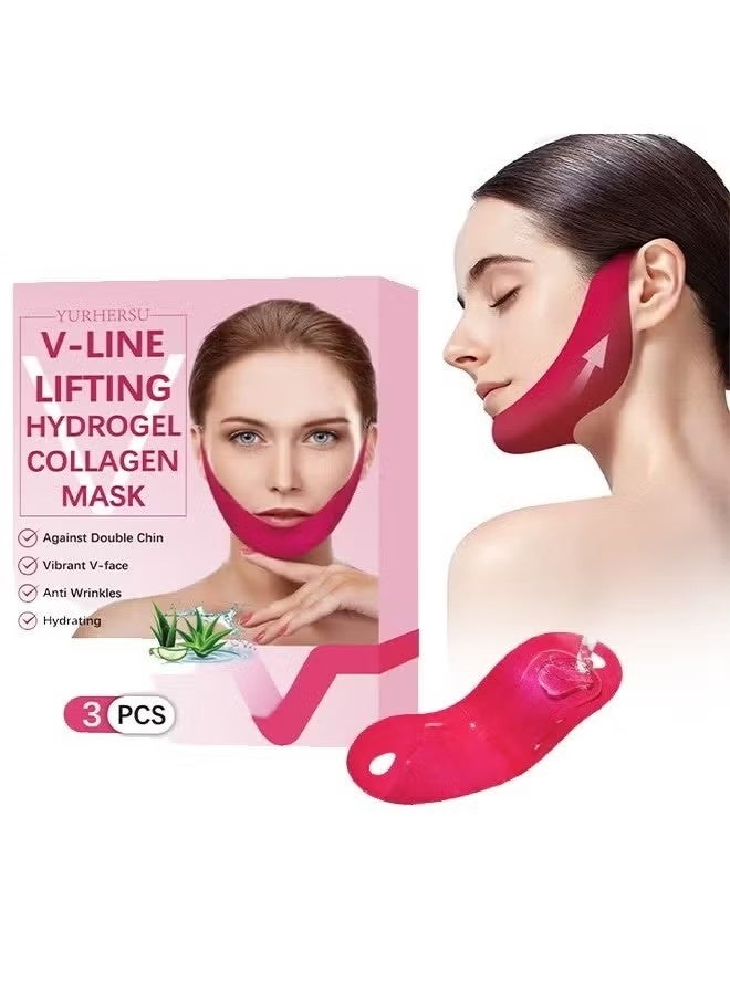 YURHERSU قناع الكولاجين الهيدروجيل المضاد للخط المضاد للحرف V من 3 قطع ، قناع رفع الوجه الأحمر على شكل حرف V ، شد الوجه ، تشكيل رفع الأذن الصغير على شكل حرف V ، قناع رفع الأذن - Image 1