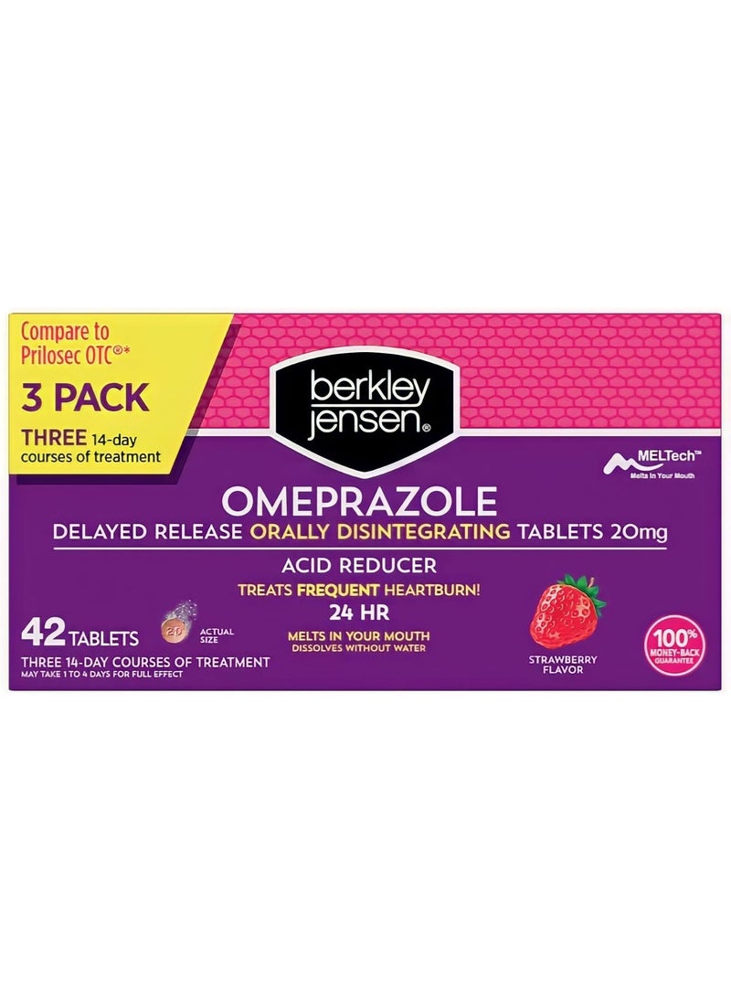 Berkley Jensen Berkley Jensen Omeprazole 20 mg, Delayed Release Dissolving Acid Reducer Pills - 3 x 14-Day Regimen, 24-Hour Effect - Heartburn Relief, Eases Acid Reflux - Strawberry Flavor 42-Count 