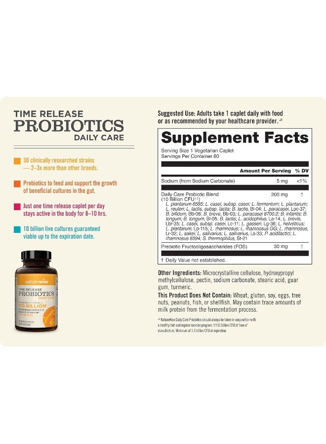 NatureWise Daily Probiotics for Women and Men | Time-Release, Comparable to 150 Billion CFU | Delivers 15x More Live Cultures to Intestines for Digestion & Immune Support [2 Month Supply - 60 Caplets] - Image 2
