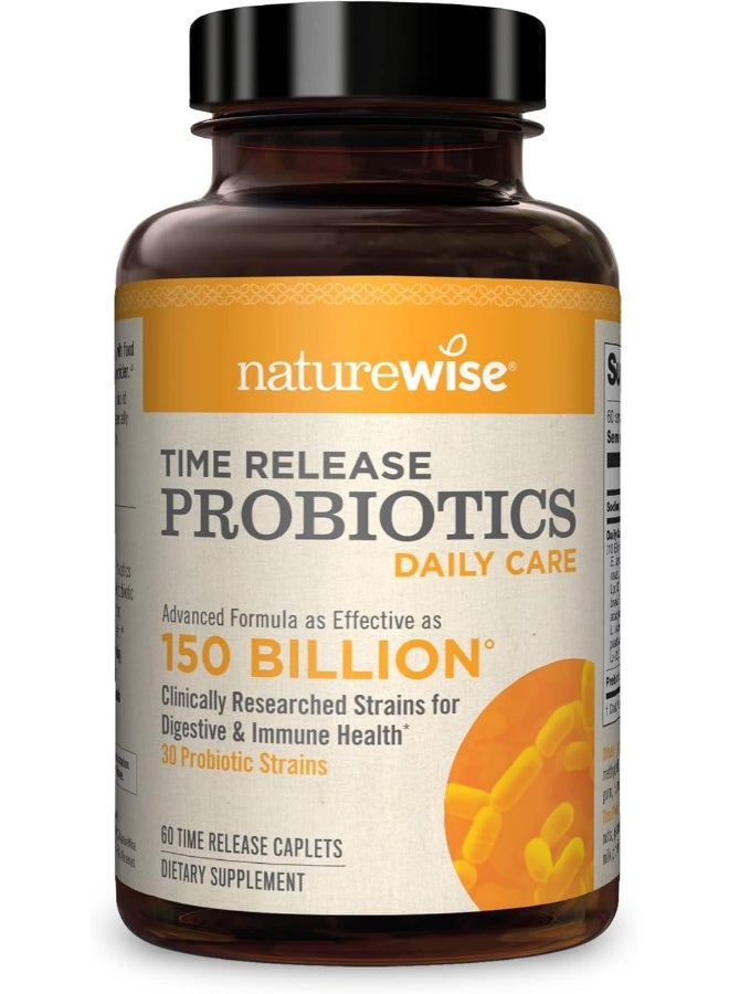 NatureWise Daily Probiotics for Women and Men | Time-Release, Comparable to 150 Billion CFU | Delivers 15x More Live Cultures to Intestines for Digestion & Immune Support [2 Month Supply - 60 Caplets] - Image 1