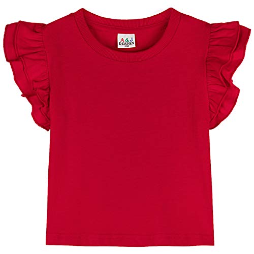 A&J DESIGN Toddler Tshirts Girls Cotton Tops Ruffle Plain Tee (Red, 3T) - Image 1