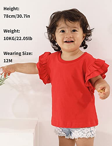 A&J DESIGN Toddler Tshirts Girls Cotton Tops Ruffle Plain Tee (Red, 3T) - Image 2