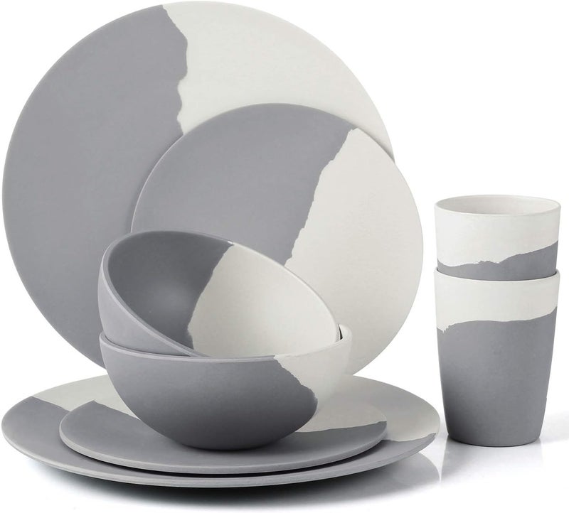 MORGIANA MORGIANA 8 pcs Bamboo Dinnerware Set Reusable Plates Bowls Sets Camping Picnic Dishes Tableware Set for 2 Grey  White - Image 1