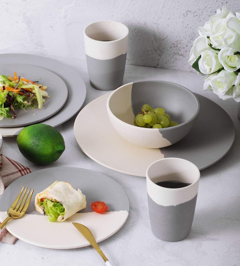 MORGIANA MORGIANA 8 pcs Bamboo Dinnerware Set Reusable Plates Bowls Sets Camping Picnic Dishes Tableware Set for 2 Grey  White - Image 3