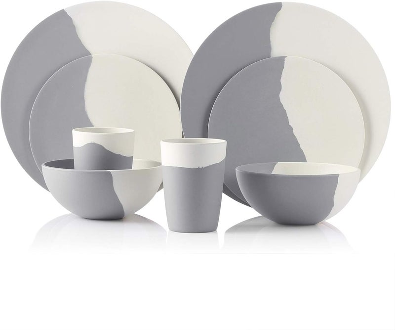 MORGIANA MORGIANA 8 pcs Bamboo Dinnerware Set Reusable Plates Bowls Sets Camping Picnic Dishes Tableware Set for 2 Grey  White - Image 5