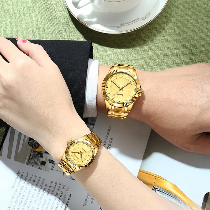 Couple Watches His and Hers Quartz Analog Wrist Watch for Couple Golden Watch with Stainless Steel Band Luminous Pointer 3ATM Waterproof Lovers Set Women Type - Image 5