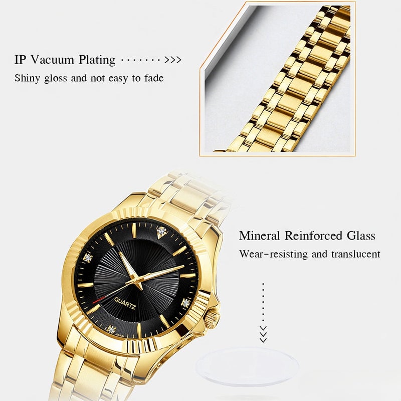 Couple Watches His and Hers Quartz Analog Wrist Watch for Couple Golden Watch with Stainless Steel Band Luminous Pointer 3ATM Waterproof Lovers Set Women Type - Image 3