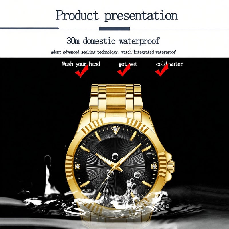 Couple Watches His and Hers Quartz Analog Wrist Watch for Couple Golden Watch with Stainless Steel Band Luminous Pointer 3ATM Waterproof Lovers Set Women Type - Image 2