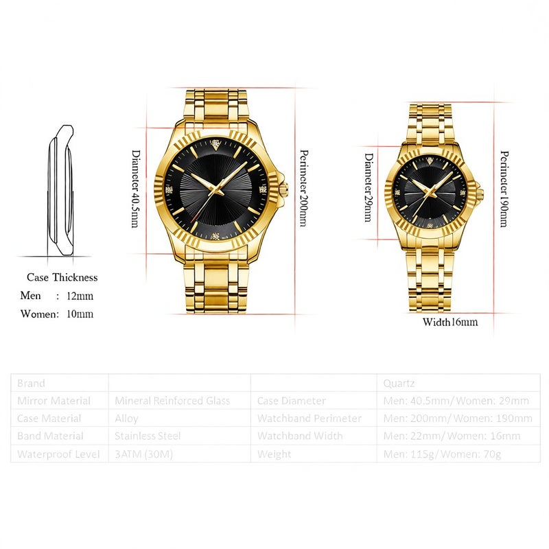 Couple Watches His and Hers Quartz Analog Wrist Watch for Couple Golden Watch with Stainless Steel Band Luminous Pointer 3ATM Waterproof Lovers Set Women Type - Image 4
