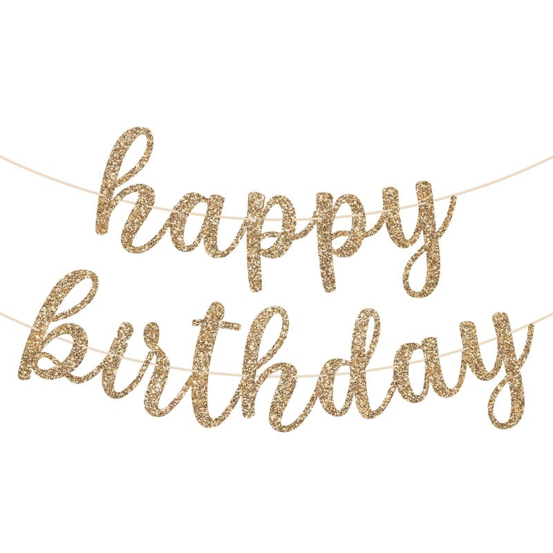 Paporich Happy Birthday Banner No DIY Gold Glitter Birthday Party Banner in Script Garland on 6 ft Strands Gold Birthday Party Decorations and Decor - Image 1