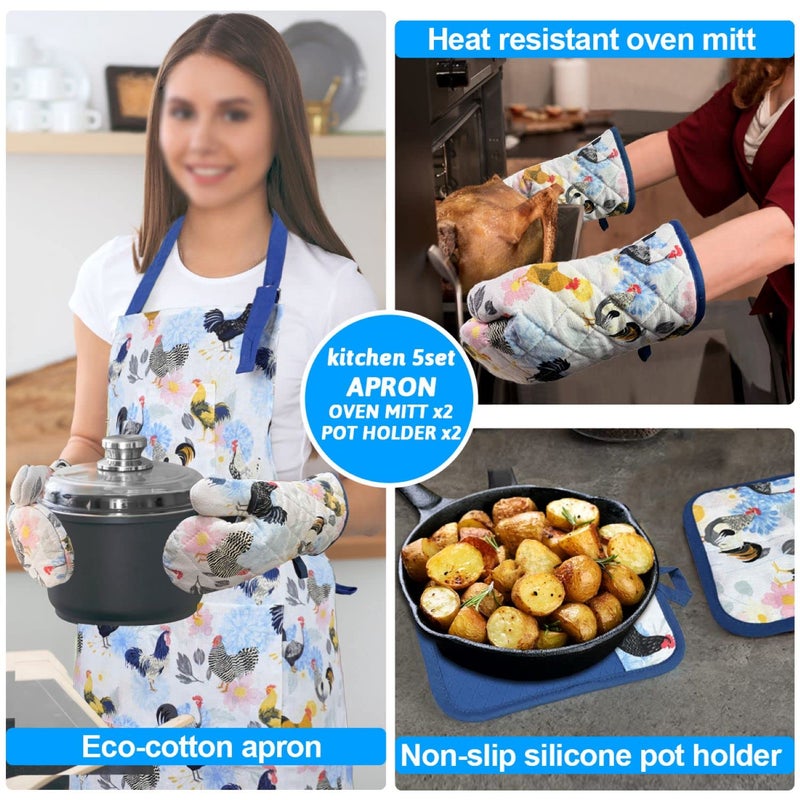 Alselo Oven Mitts and Pot Holders with Chef Apron,Set of 5 Heat Resistant Kitchen Gloves and Silicone Non-Slip Potholders Adjustable Neck Buckle Chef Apron, Cotton Nice Design for Cooking (Rooster) - Image 2