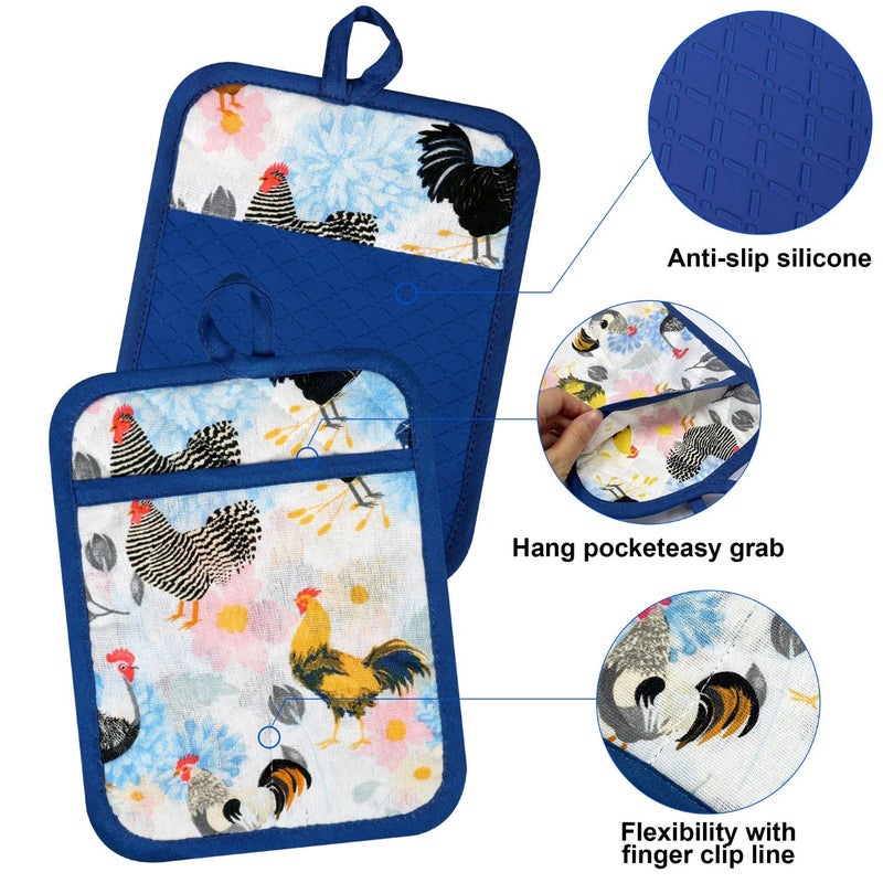 Alselo Oven Mitts and Pot Holders with Chef Apron,Set of 5 Heat Resistant Kitchen Gloves and Silicone Non-Slip Potholders Adjustable Neck Buckle Chef Apron, Cotton Nice Design for Cooking (Rooster) - Image 5