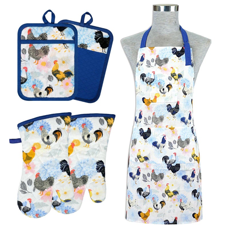 Alselo Oven Mitts and Pot Holders with Chef Apron,Set of 5 Heat Resistant Kitchen Gloves and Silicone Non-Slip Potholders Adjustable Neck Buckle Chef Apron, Cotton Nice Design for Cooking (Rooster) - Image 1