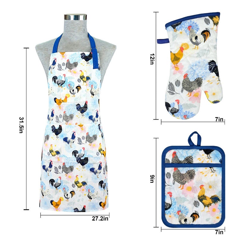 Alselo Oven Mitts and Pot Holders with Chef Apron,Set of 5 Heat Resistant Kitchen Gloves and Silicone Non-Slip Potholders Adjustable Neck Buckle Chef Apron, Cotton Nice Design for Cooking (Rooster) - Image 3