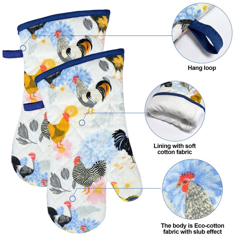 Alselo Oven Mitts and Pot Holders with Chef Apron,Set of 5 Heat Resistant Kitchen Gloves and Silicone Non-Slip Potholders Adjustable Neck Buckle Chef Apron, Cotton Nice Design for Cooking (Rooster) - Image 4