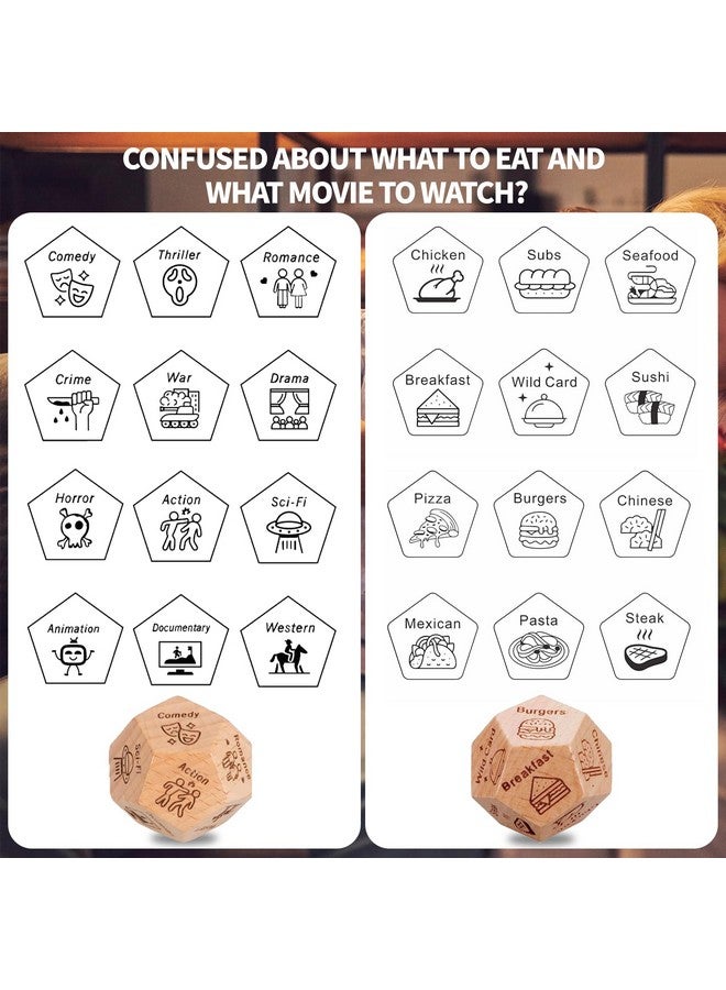 BoAn Date Night Dice for Couples(2PC) - 12-Sided Wooden Decision Dice for Food & Movie Choices | Valentine's Anniversary Birthday Gifts for Her/Him, Wife, Husband - Image 3