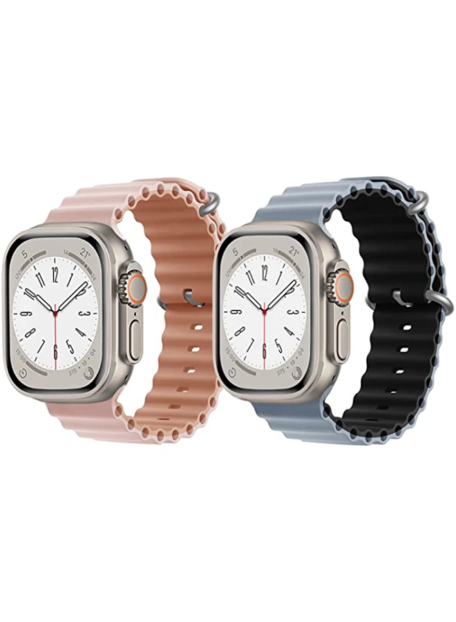 vesus Silicone Ocean Band Strap for Apple Watch Ultra 8 49mm Pink/Beige Double Side Strap with Light Blue/Black Double Side Strap Set of 2