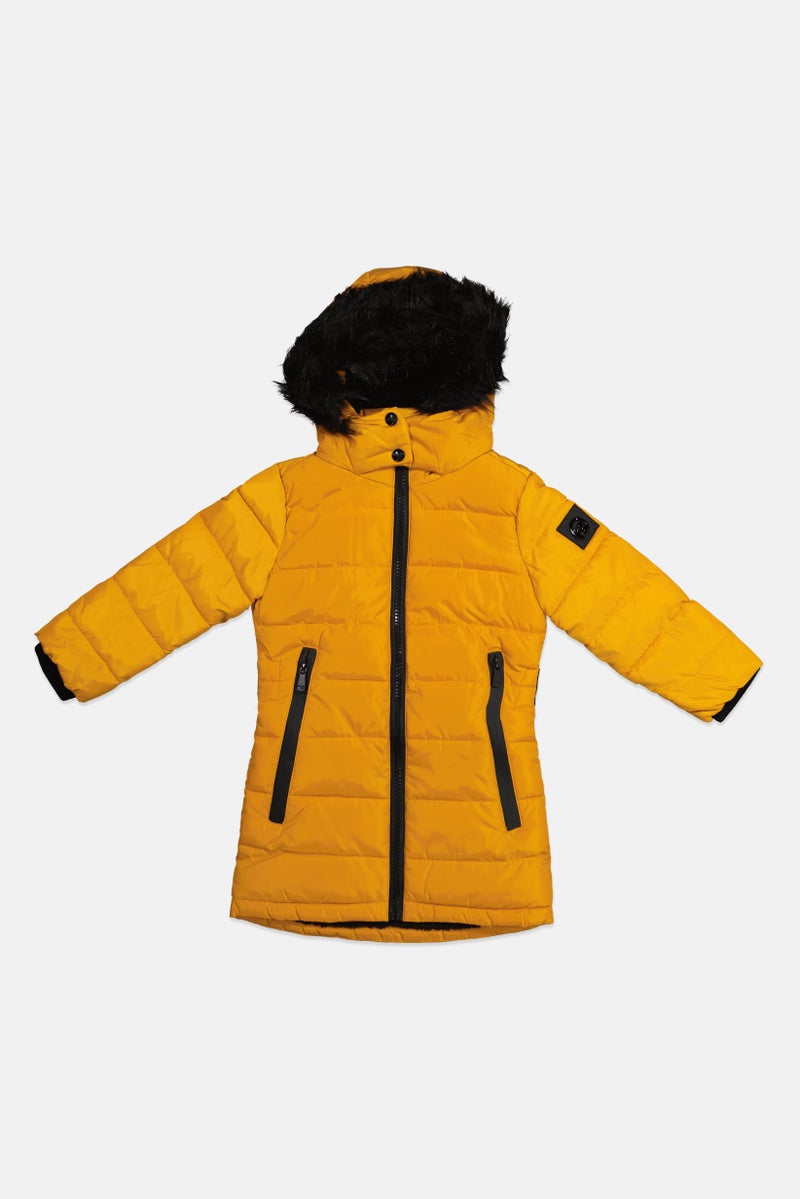 Kensie Girl Toddlers Girl Faux Fur Hooded Puffer Jacket, Gold - Image 1