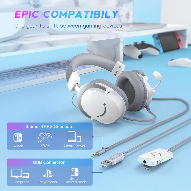 FIFINE 3.5mm/USB Gaming Headset for XBOX,PC,PS4/PS5,7.1 Surround Sound Wired Headphones with Soft Earmuffs,Volume Control,Detachable Microphone for Streaming,Video Creation-AmpliGame H9 White - Image 2