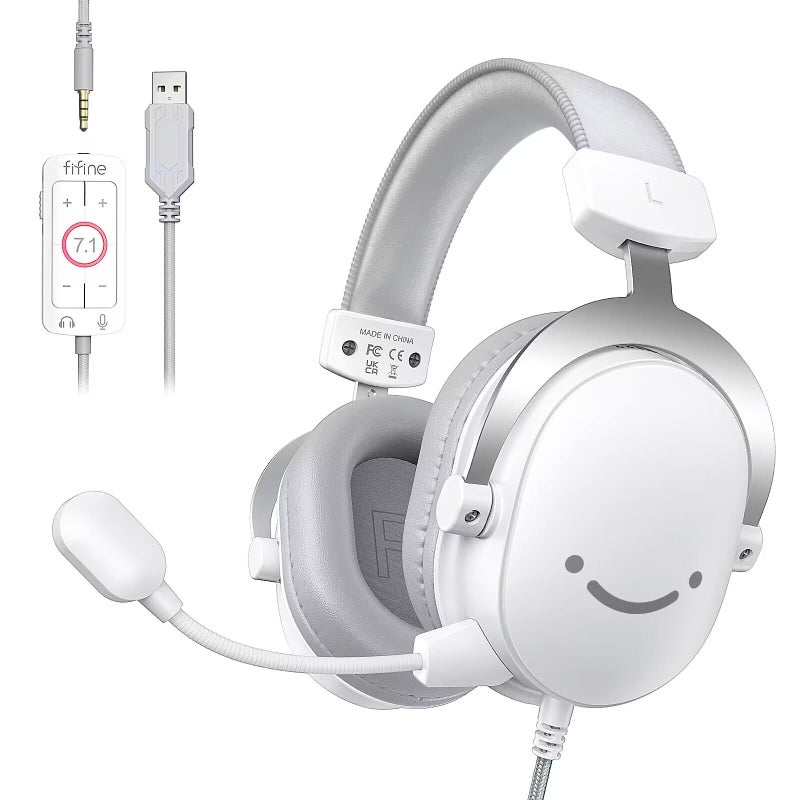 FIFINE 3.5mm/USB Gaming Headset for XBOX,PC,PS4/PS5,7.1 Surround Sound Wired Headphones with Soft Earmuffs,Volume Control,Detachable Microphone for Streaming,Video Creation-AmpliGame H9 White - Image 1