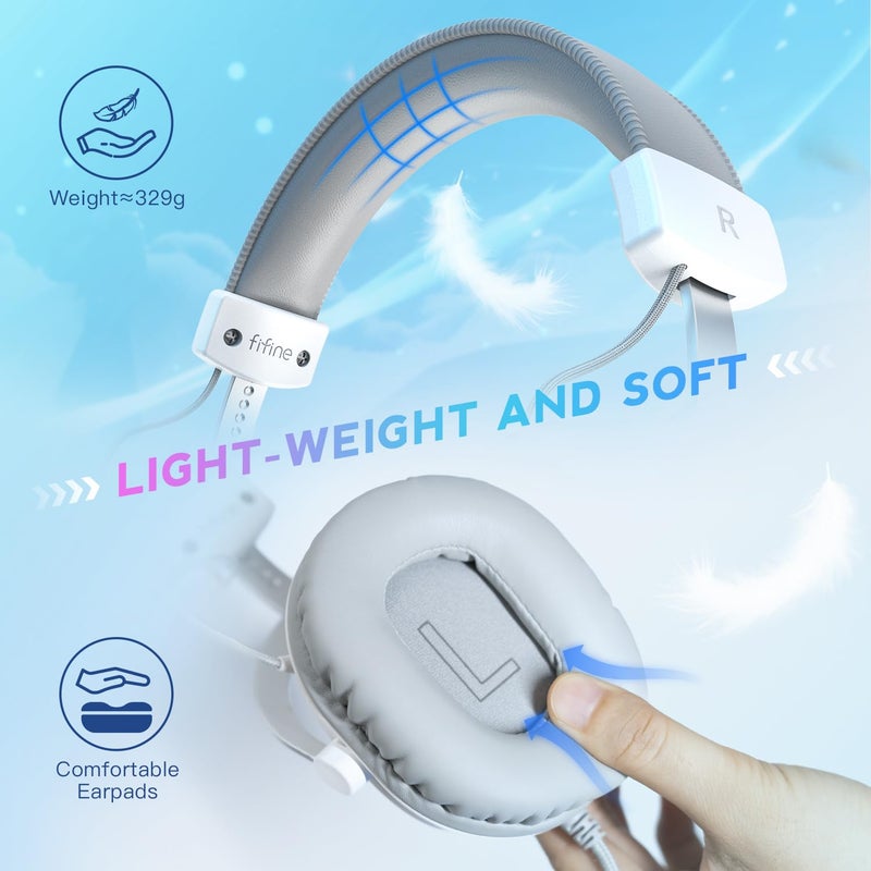 FIFINE 3.5mm/USB Gaming Headset for XBOX,PC,PS4/PS5,7.1 Surround Sound Wired Headphones with Soft Earmuffs,Volume Control,Detachable Microphone for Streaming,Video Creation-AmpliGame H9 White - Image 4