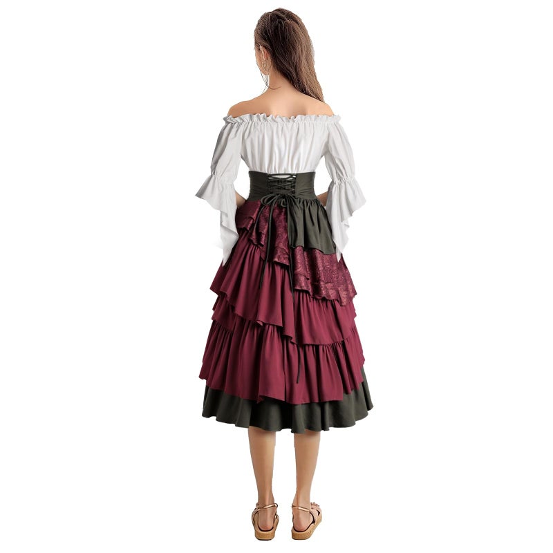 IWQBQ Women's Pirate Costume Retro Renaissance Cosutmes Women Layered Ruffle Viking Outfit Set(Z2886RDST,M) - Image 4