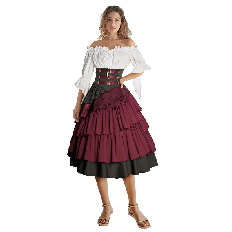 IWQBQ Women's Pirate Costume Retro Renaissance Cosutmes Women Layered Ruffle Viking Outfit Set(Z2886RDST,M) - Image 1