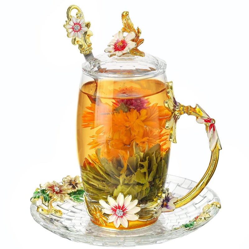 LANTREE Glass Coffee Mug Christmas Gift Sunflower Daisy Tea Cup with Lid Saucer Mothers Day Birthday Gift for Women Unique12oz Daisy