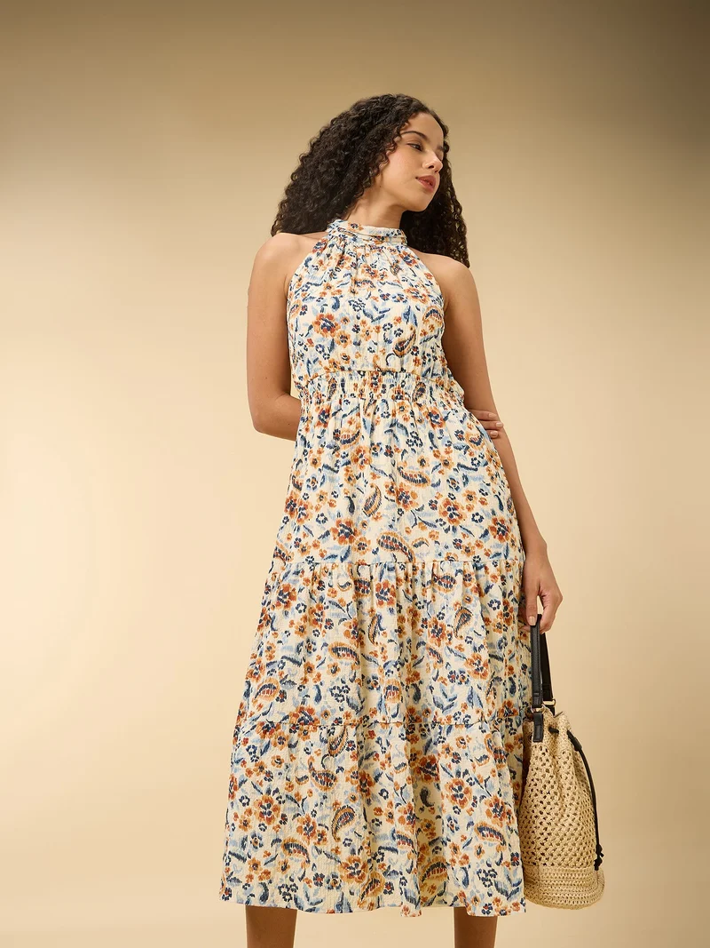 OUTZIDR Multi Halter Neck Gathered Dress