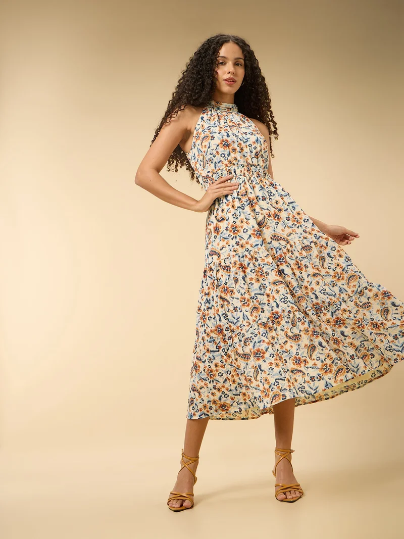 OUTZIDR Multi Halter Neck Gathered Dress