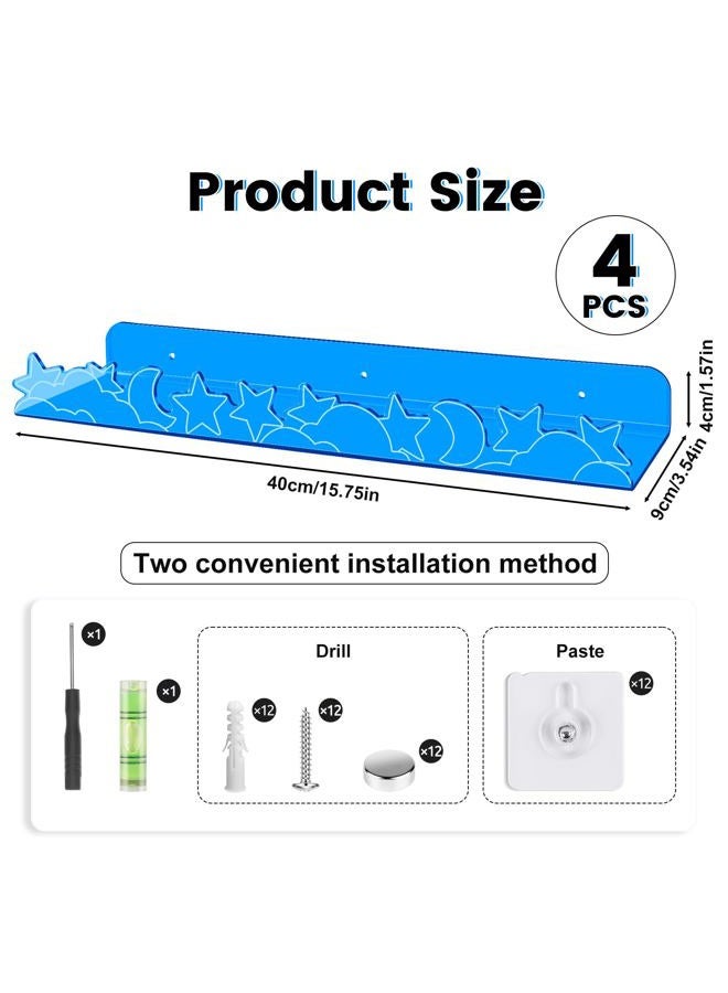 alldomess Floating Shelves for Wall,4 Pack 15.7''x 3.5''Adhesive Acrylic Shelves Organizer for Book Toy Photo Makeup,Wall-Mounted Kids Storage for Bathroom,Bedroom,Nursery,Blue Star and Moon - Image 2