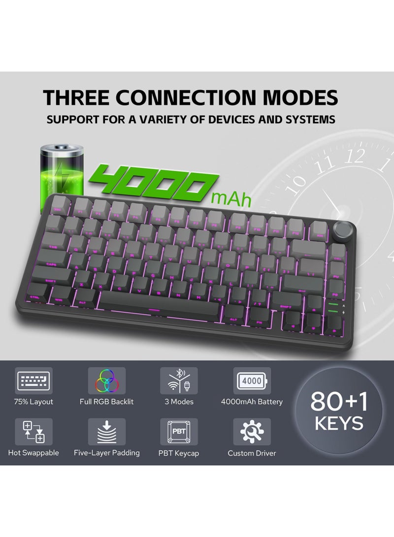 ROCK POW X75 Wireless Gasket RGB Backlit Gaming Keyboard,Tri-Mode BT5.0/2.4GHz/USB-C Hot-Swappable Mechanical Keyboard,Rapid Trigger 1KHz Polling Rate Wired mode Pre-lubed Linear Switches,Sound Absorbing 75% Compact Layout with Knob,Side Printed Keycaps with Adjustable Actuation - Image 3