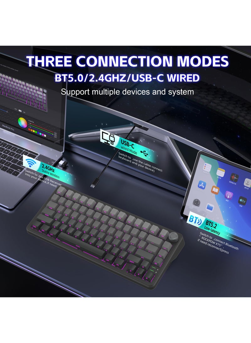 ROCK POW X75 Wireless Gasket RGB Backlit Gaming Keyboard,Tri-Mode BT5.0/2.4GHz/USB-C Hot-Swappable Mechanical Keyboard,Rapid Trigger 1KHz Polling Rate Wired mode Pre-lubed Linear Switches,Sound Absorbing 75% Compact Layout with Knob,Side Printed Keycaps with Adjustable Actuation - Image 4