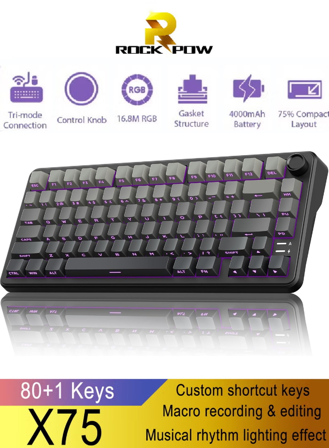 ROCK POW X75 Wireless Gasket RGB Backlit Gaming Keyboard,Tri-Mode BT5.0/2.4GHz/USB-C Hot-Swappable Mechanical Keyboard,Rapid Trigger 1KHz Polling Rate Wired mode Pre-lubed Linear Switches,Sound Absorbing 75% Compact Layout with Knob,Side Printed Keycaps with Adjustable Actuation